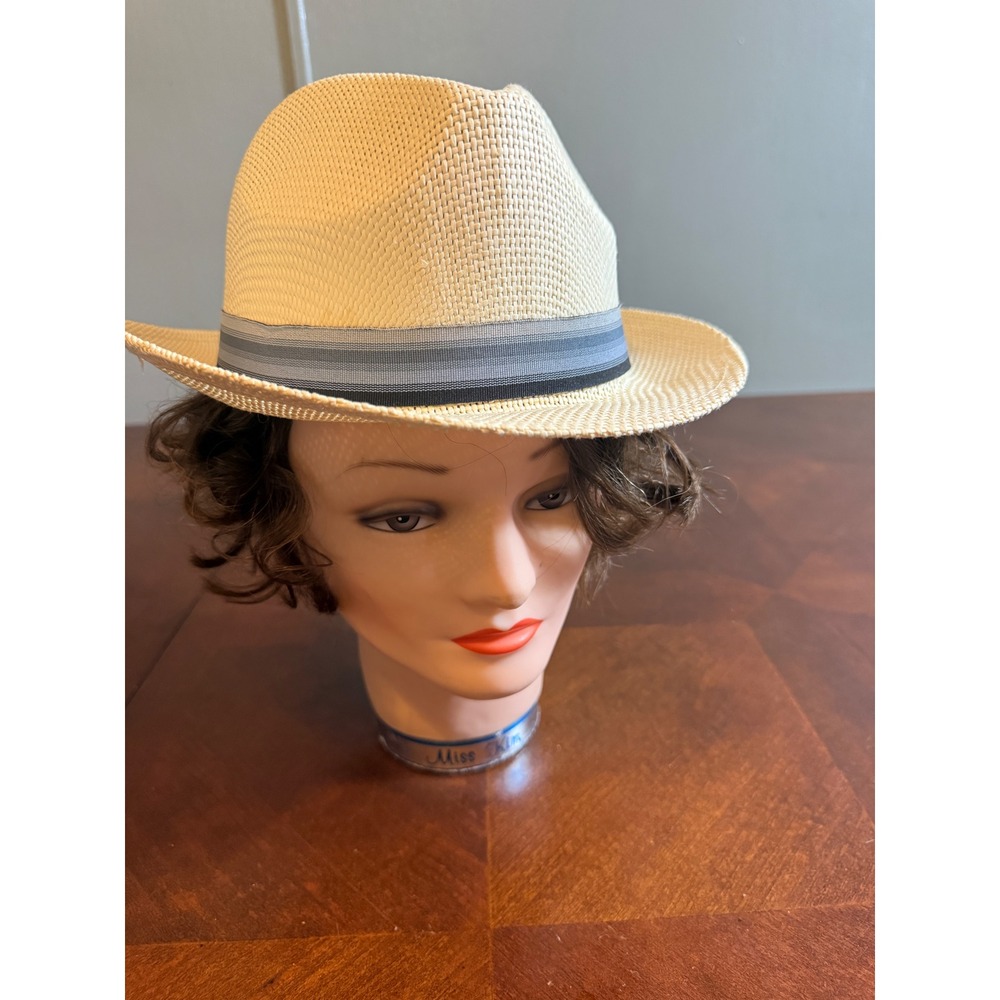 Panama Jack Tan Woven Fedora Hat Striped Band Logo Plaque Medium Mens Womens